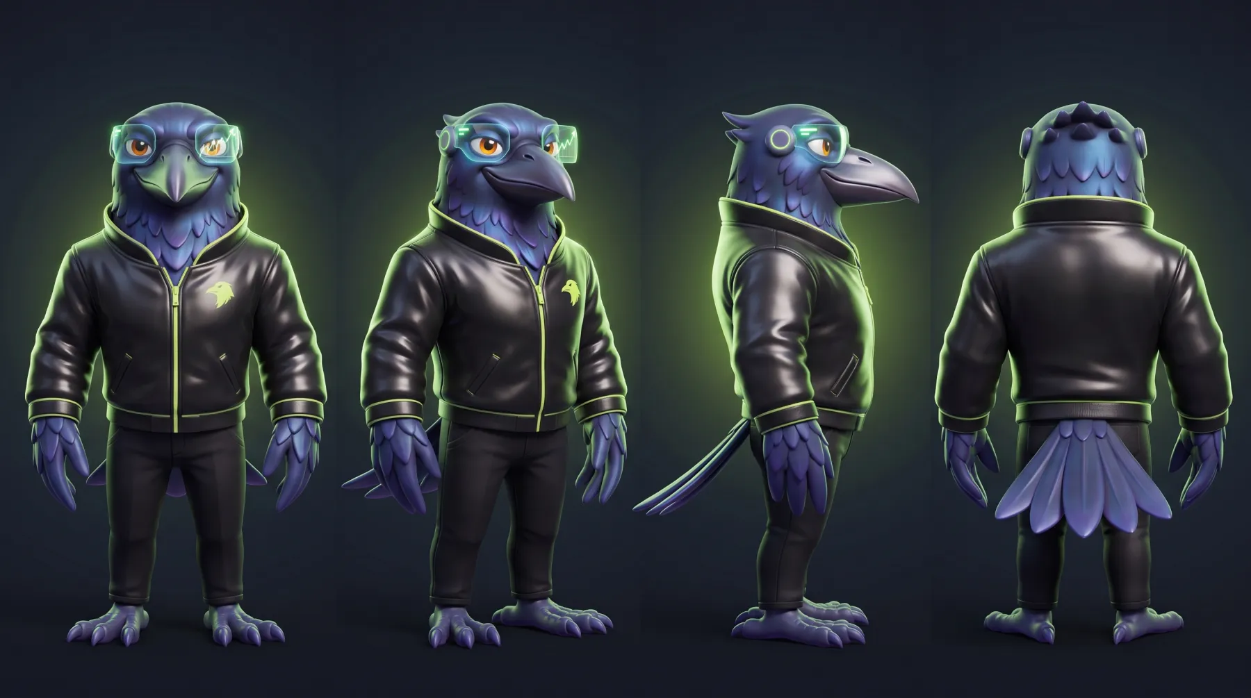 Rook the raven from the front, three-quarter, side and back
